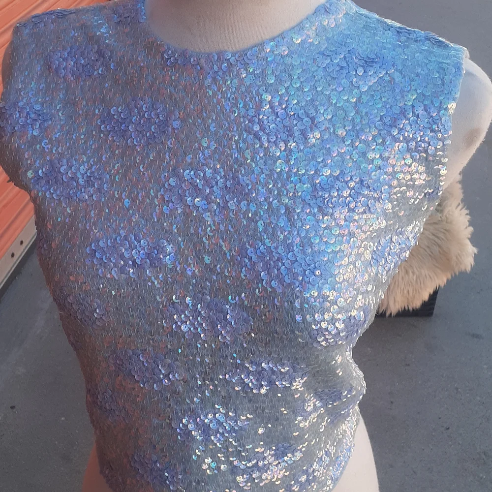 VTG 60s Hand Beaded Blue Sequin Wool Party Evening blouse sleeveless Top S M - Picture 3 of 14